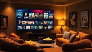 Online streaming films displayed on a modern living room TV, creating a cozy movie night atmosphere.