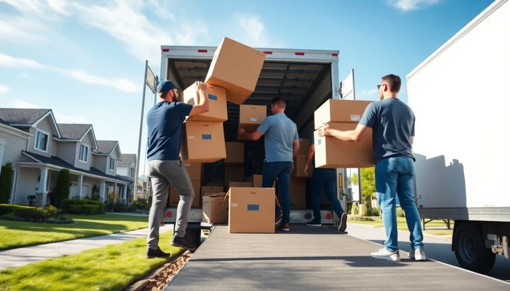Movers Vancouver team helping with a residential relocation, lifting furniture into a moving truck.