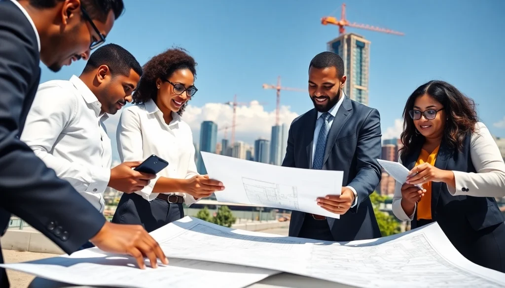 Engaged team at https://2020group.co.za developing town planning strategies with urban background.