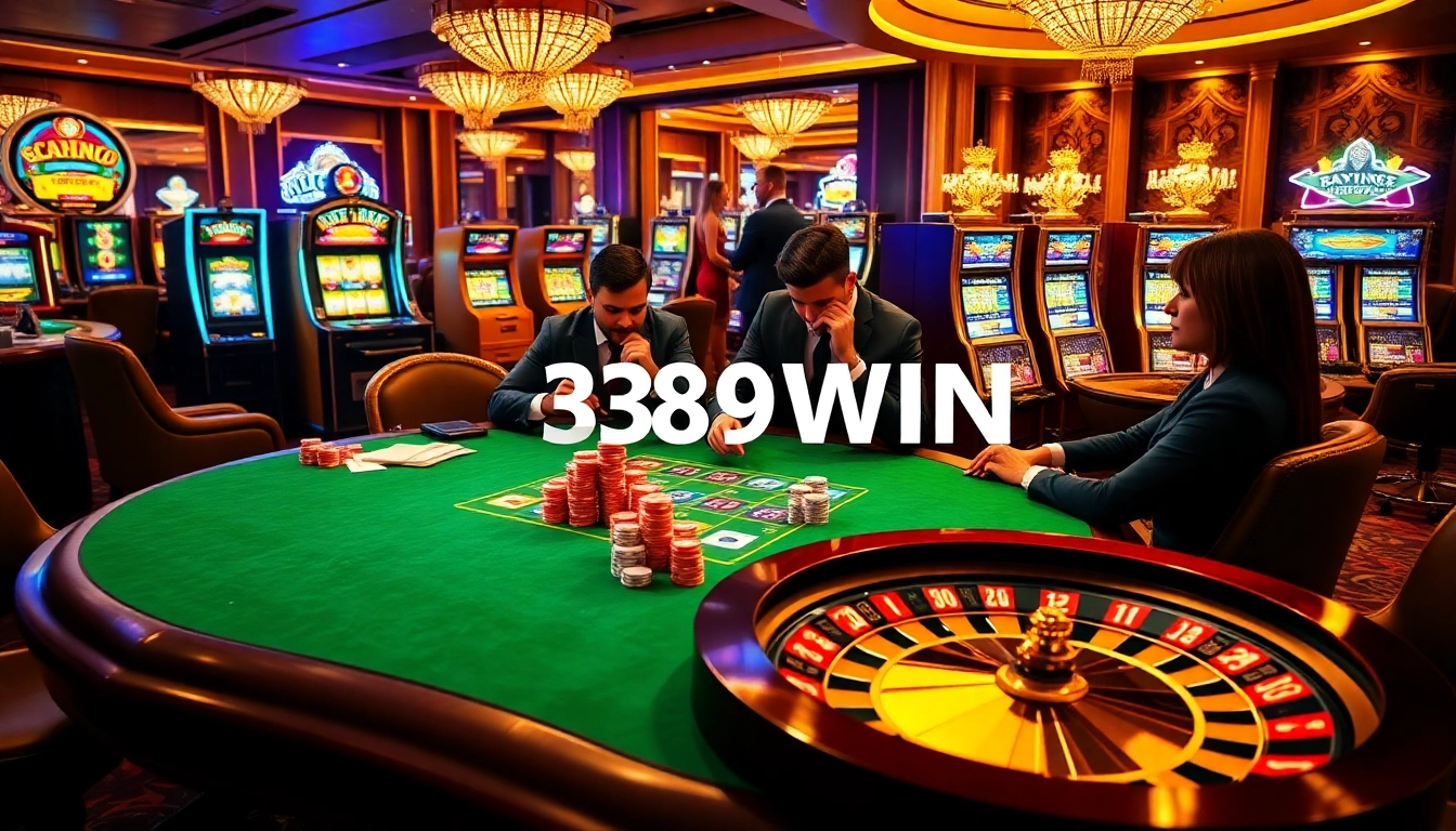 Experience the thrill of high-stakes poker at 389WIN Casino with vibrant chips and a spinning roulette.