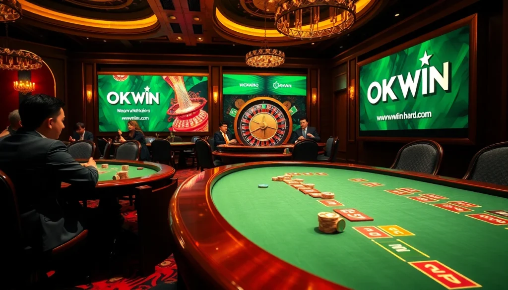 Players celebrating wins at OKWIN casino gaming tables, featuring poker chips and cards.