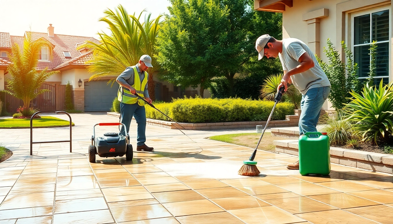 čiščenje tlakovcev by a professional team using eco-friendly cleaners in a sunny suburban setting.