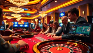 Players enjoying poker at 123b casino, surrounded by vibrant gaming elements and excitement.