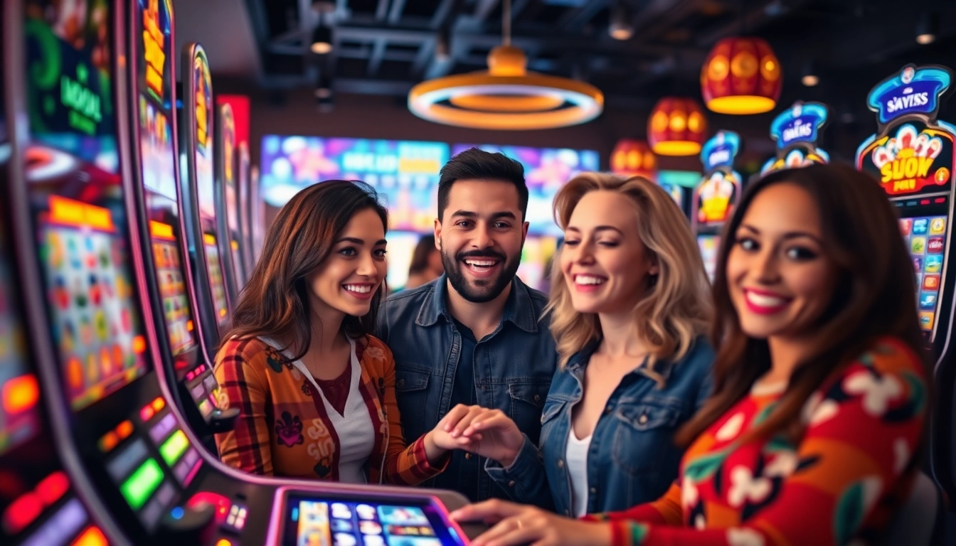 Menampilkan orang-orang yang menikmati permainan slot depo 5k dengan penuh semangat dan keceriaan.