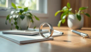 Showcase the ringconn smart ring on a wooden desk, emphasizing its sleek design and health features.