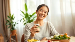 穏やかなウェルネス環境の中で葉酸サプリを持つ女性、健康を促進している。