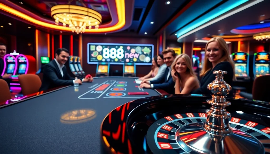 Players enjoying poker at a luxurious casino table with 888new branding visible.