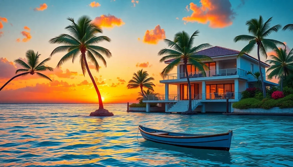 Property Belize: Luxurious beachfront villa overlooking the Caribbean Sea at sunset.