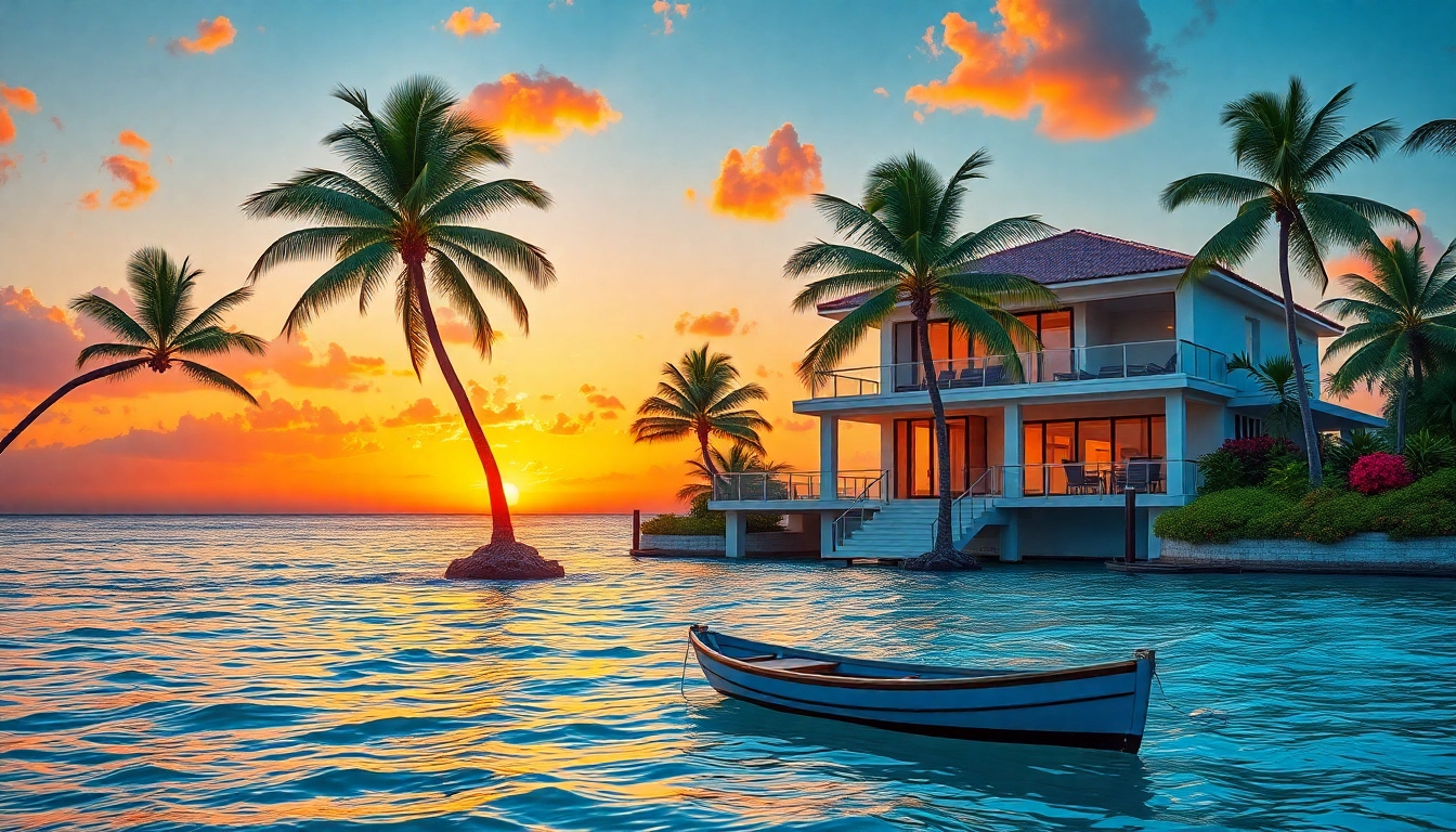 Property Belize: Luxurious beachfront villa overlooking the Caribbean Sea at sunset.