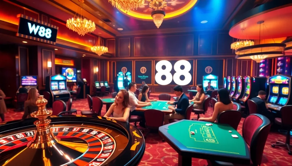 Exciting gaming atmosphere at W88 casino featuring poker tables, roulette wheels, and dynamic players.