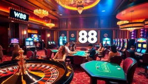 Exciting gaming atmosphere at W88 casino featuring poker tables, roulette wheels, and dynamic players.