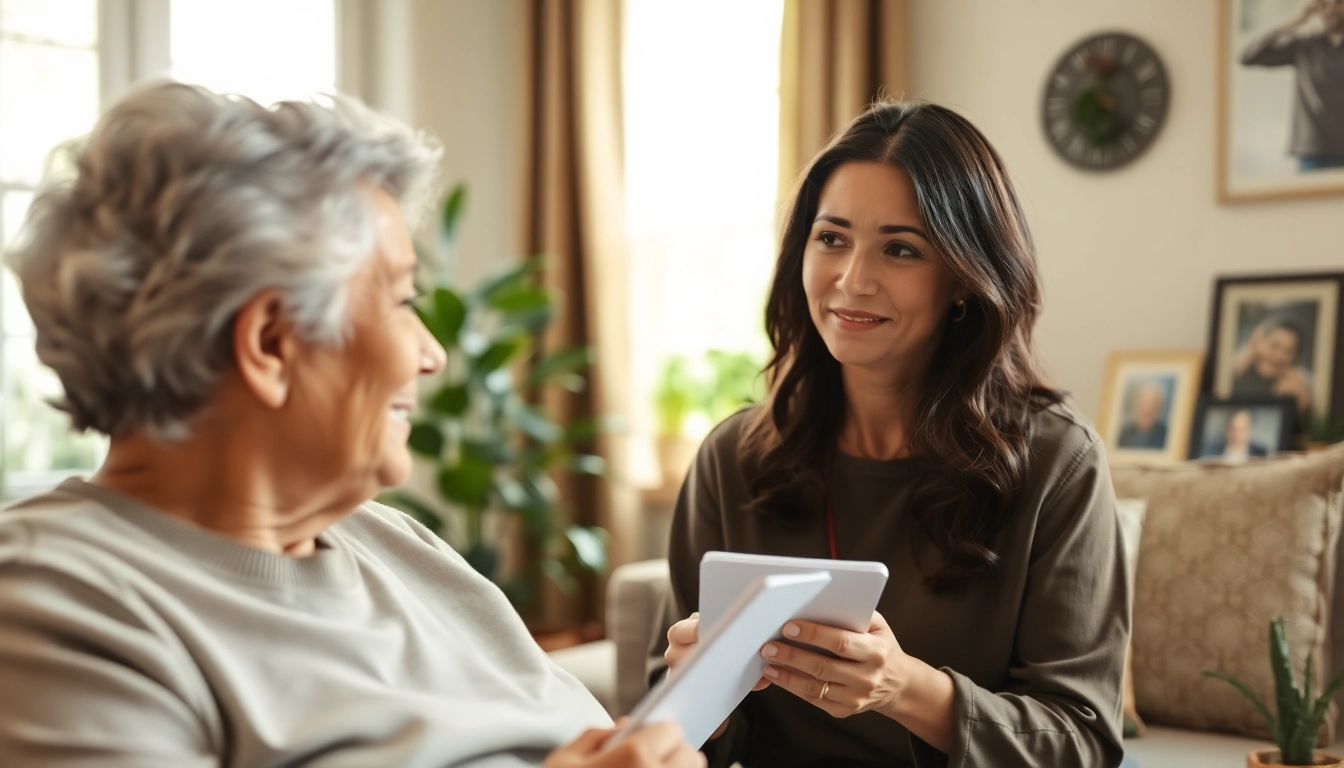 Engaging scene of in home care austin tx with caregiver assisting elderly client, showcasing warmth and professionalism.