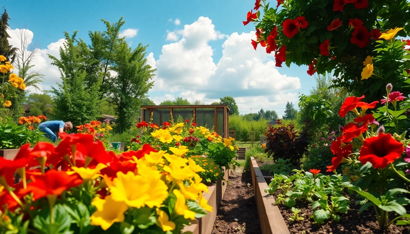 Engaging scene of Gardening with vibrant flowers and vegetables in a sunny garden.
