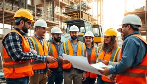 Construction association North Carolina professionals collaborating on-site with safety gear.