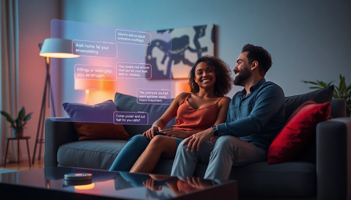 An engaging scene of a couple interacting with sex ai technology in a cozy setting