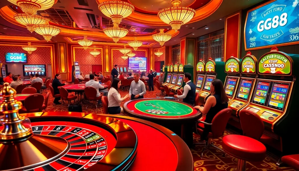 Gamble at GG88's vibrant casino with roulette wheels and online slot machines.
