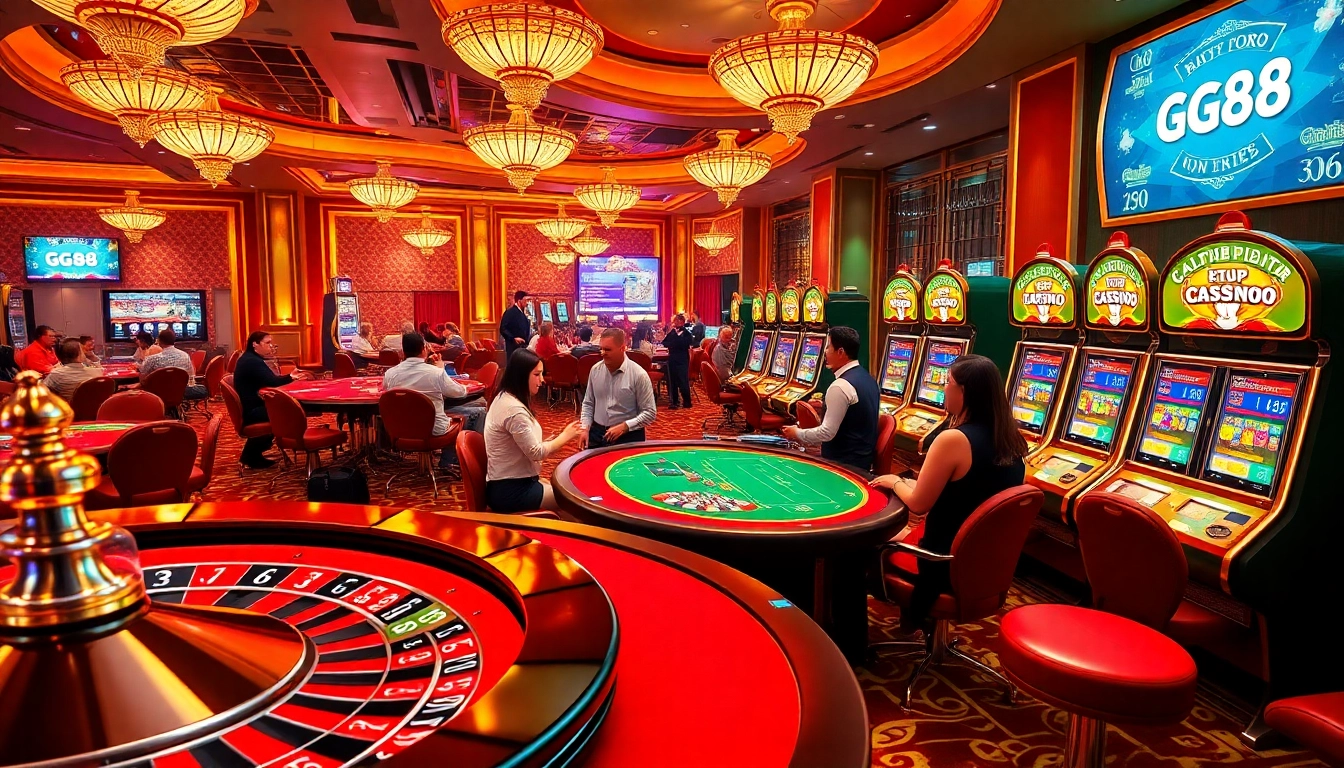 Gamble at GG88's vibrant casino with roulette wheels and online slot machines.