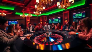 Betsson casino with vibrant poker chips and a spinning roulette wheel in a luxurious setting.