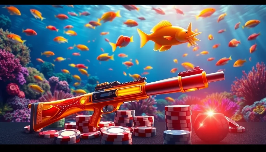 Engaging scene of bắn cá đổi thưởng featuring vibrant underwater visuals and casino elements.