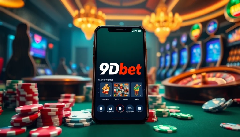 Experience the thrill of the 9Dbet App with a luxurious casino backdrop featuring cards and chips.