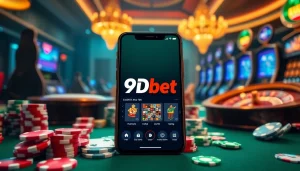 Experience the thrill of the 9Dbet App with a luxurious casino backdrop featuring cards and chips.