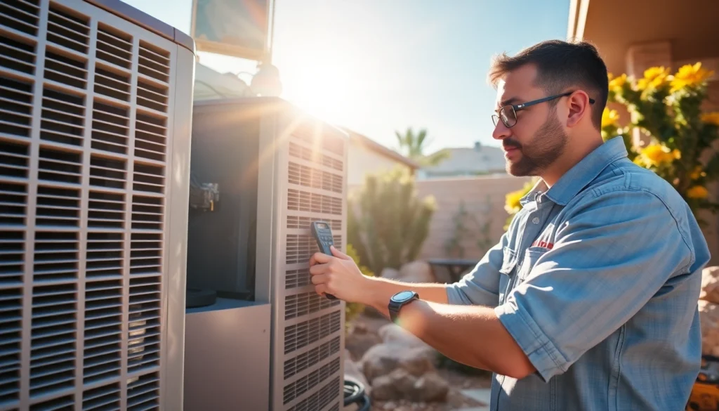 Technician servicing Scottsdale AC unit amid sunny desert landscape.
