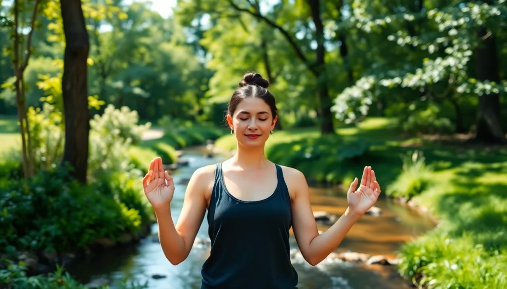 Practicing yoga mudras for mindfulness and energy flow in a natural outdoor setting.