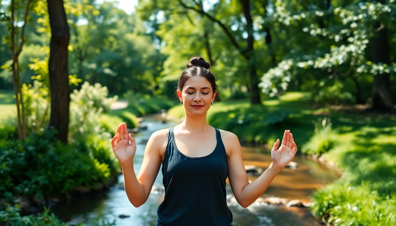Practicing yoga mudras for mindfulness and energy flow in a natural outdoor setting.