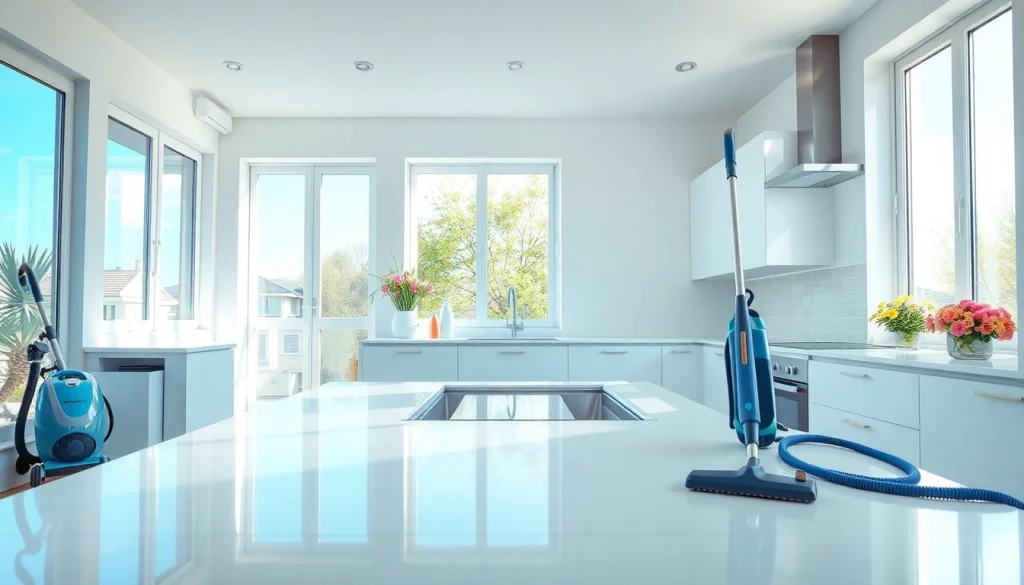 Transform your space with a professional Cleaning service, featuring a pristine kitchen and organized tools.