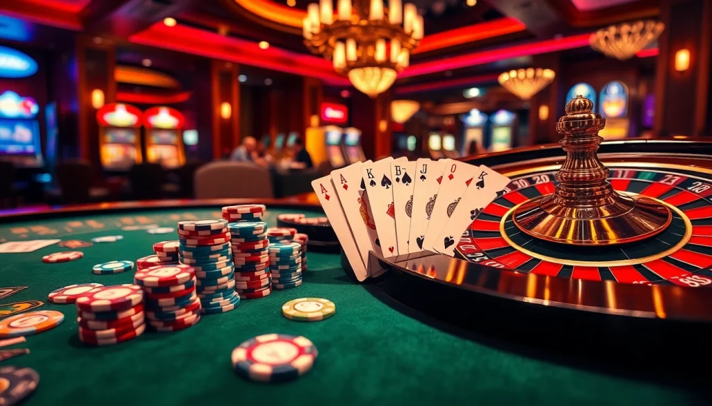 Experience the thrill of Bl555 at a luxury casino table with vibrant poker chips and roulette wheel.