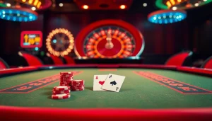 AF88 features a vibrant poker table with elegant cards and colorful chips in a luxurious casino.