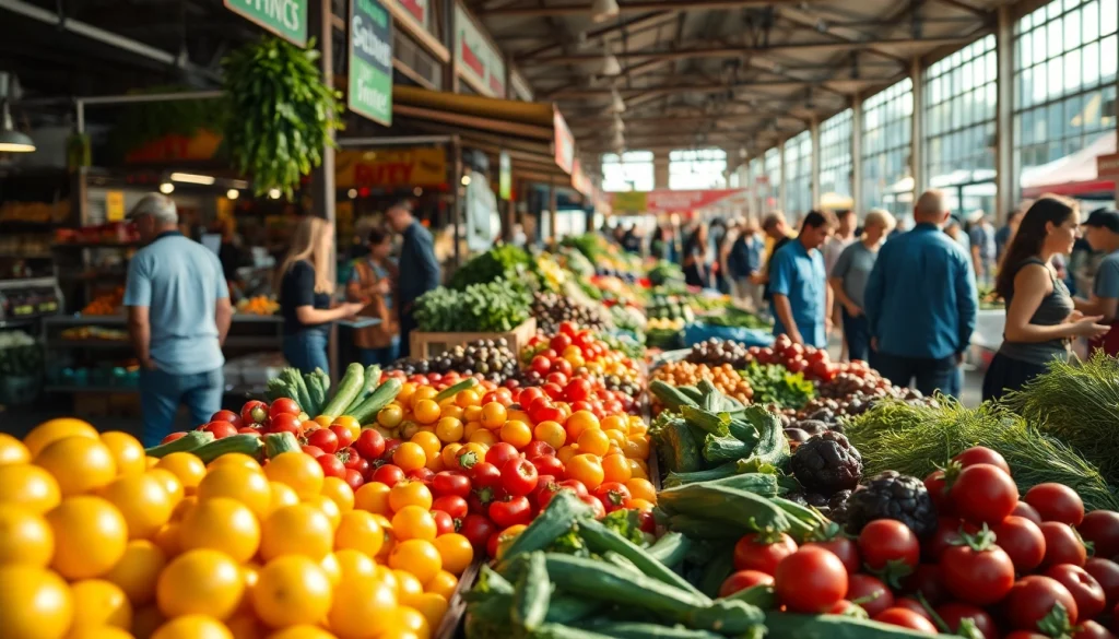 Petani toto menampilkan hasil pertanian segar di pasar yang ramai.