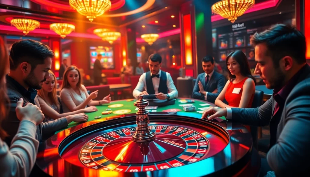 Excited gamblers at a roulette table with 188bet gaming elements highlighted.