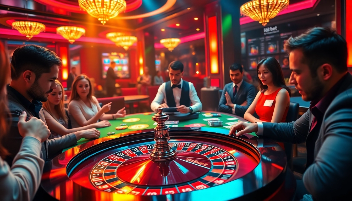 Excited gamblers at a roulette table with 188bet gaming elements highlighted.