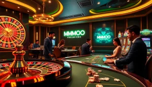 Engage in thrilling games at MMOO casino with vibrant roulette and stylish poker tables.