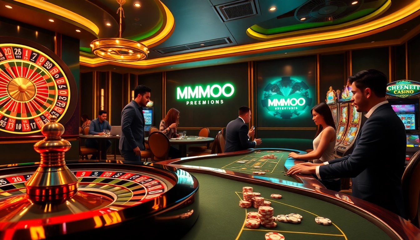 Engage in thrilling games at MMOO casino with vibrant roulette and stylish poker tables.