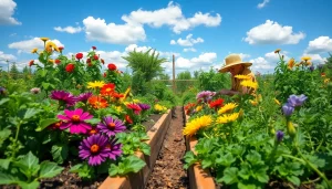 Gardening in a colorful garden with vibrant flowers and vegetables, showcasing planting activities.