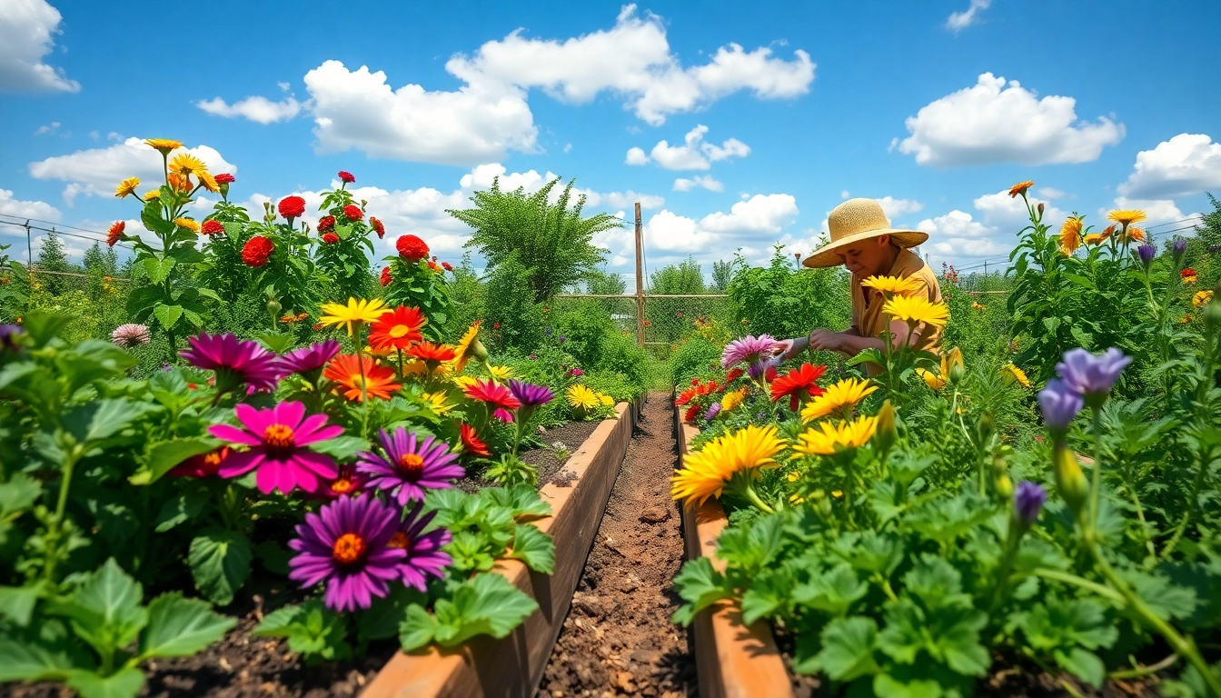 Gardening in a colorful garden with vibrant flowers and vegetables, showcasing planting activities.