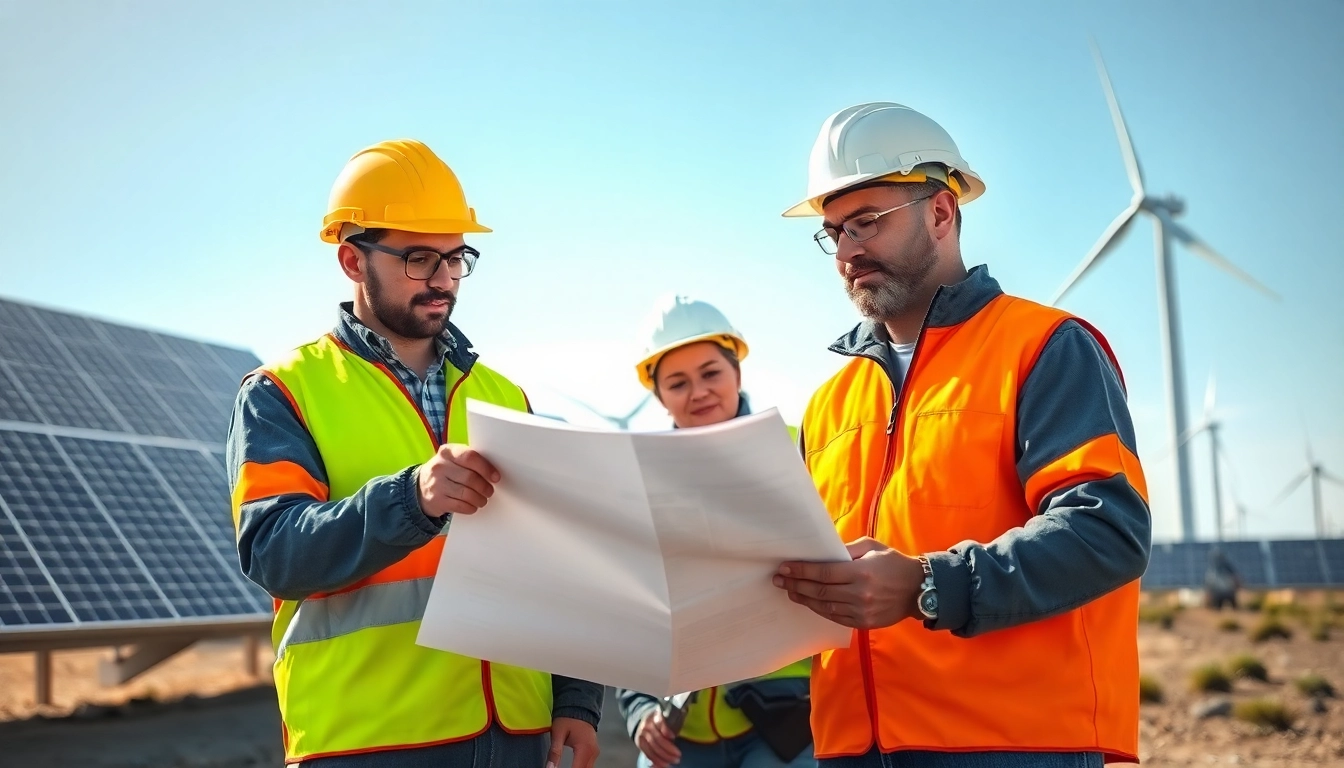 Workers demonstrating skilled labor for energy sector by collaborating on renewable energy projects.
