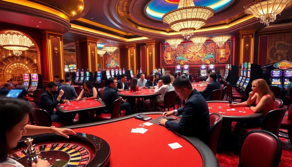 Players engaging in high-stakes poker at luxury casino tables, capturing the excitement of qq88.