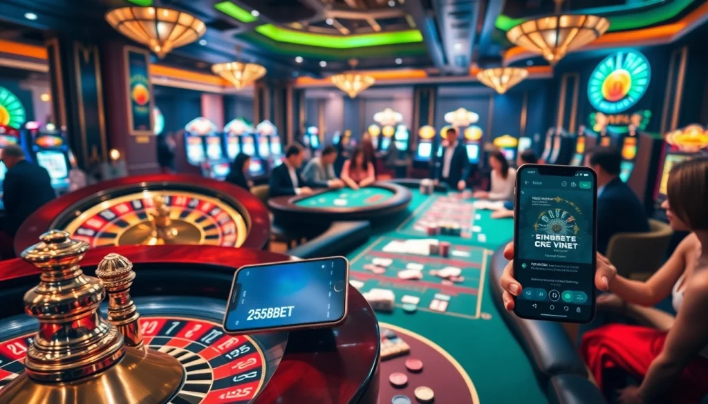 Exciting gameplay captured with the 255BET App at a luxury casino, showcasing diverse players and vibrant slot machines.