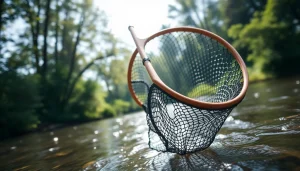 Catch-and-release using a durable fly fishing net in a serene river setting.