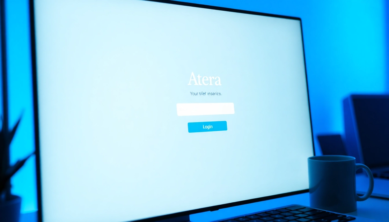 Atera login page on a computer screen showing the login fields and buttons for user access.