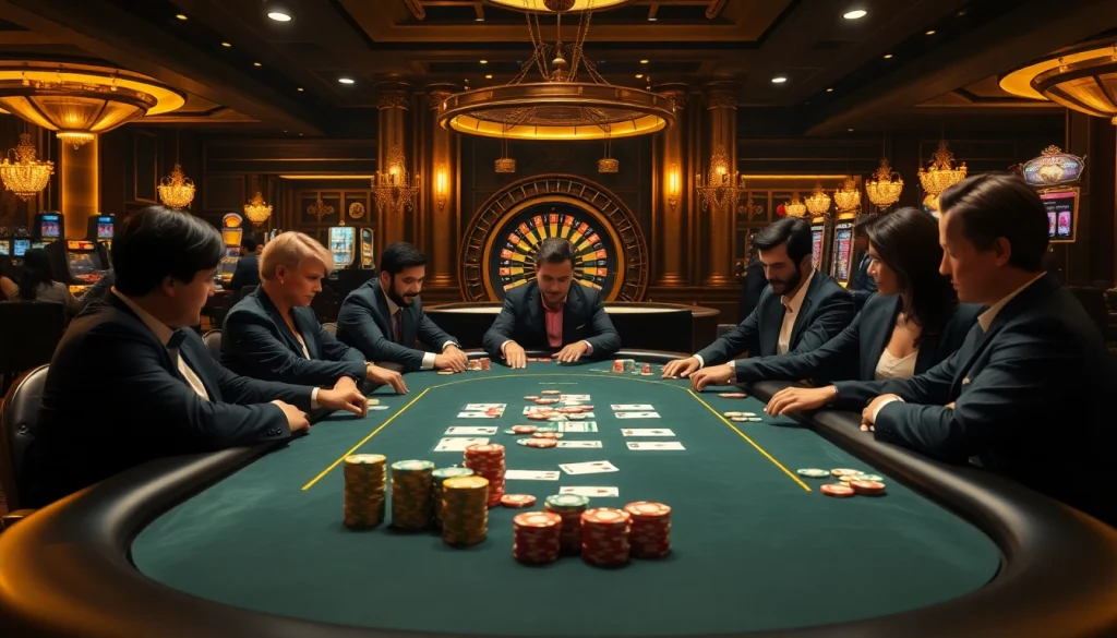 Engaged players enjoying poker at Hi88's luxurious casino table with vibrant chips and cards.