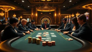 Engaged players enjoying poker at Hi88's luxurious casino table with vibrant chips and cards.