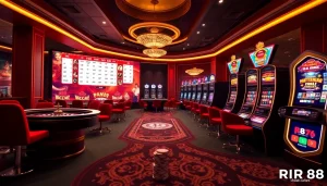 Experience the excitement at Nhà Cái RR88 featuring vibrant gambling games and luxurious casino elements.