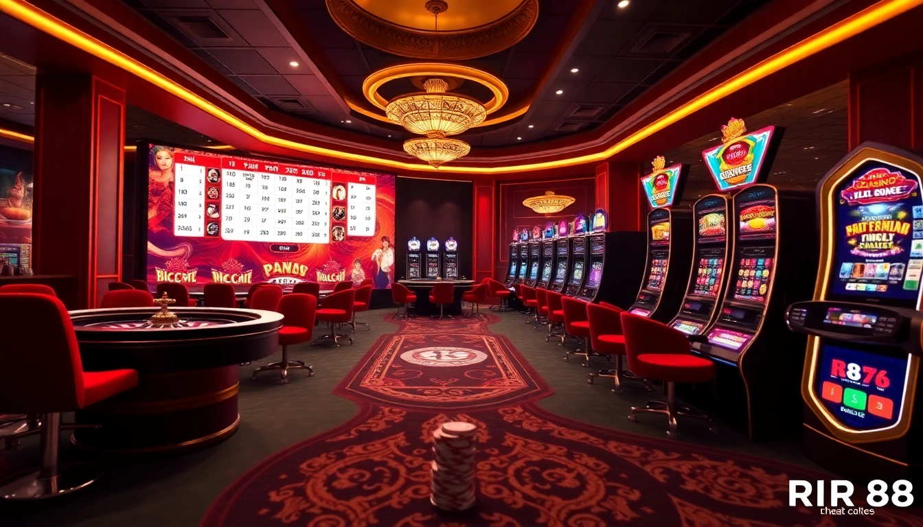 Experience the excitement at Nhà Cái RR88 featuring vibrant gambling games and luxurious casino elements.