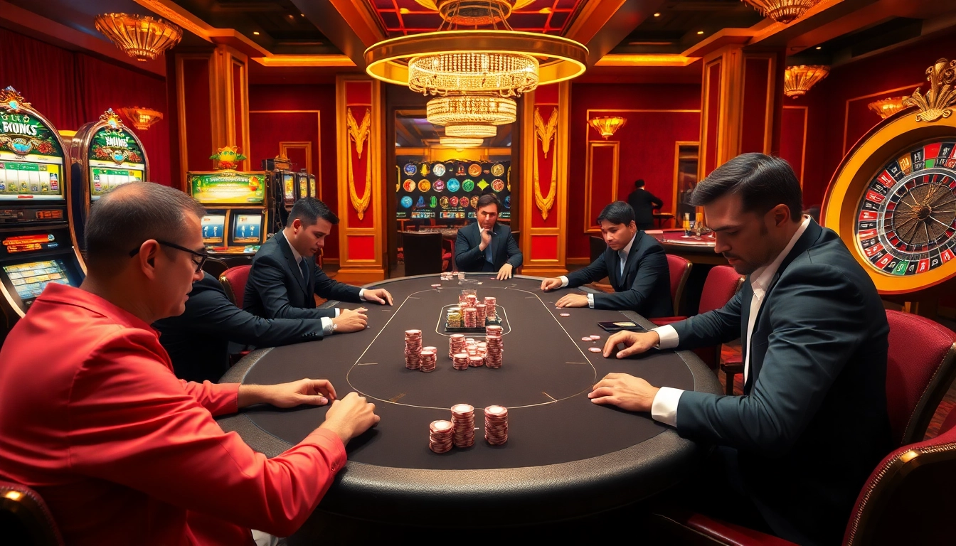 Competitive poker game at a high-stakes table promoting https://lc88comm.com/ with vibrant casino atmosphere.