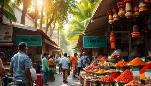 Engaging street view of Hela Ad marketplace in Sri Lanka with vibrant vendor stalls.
