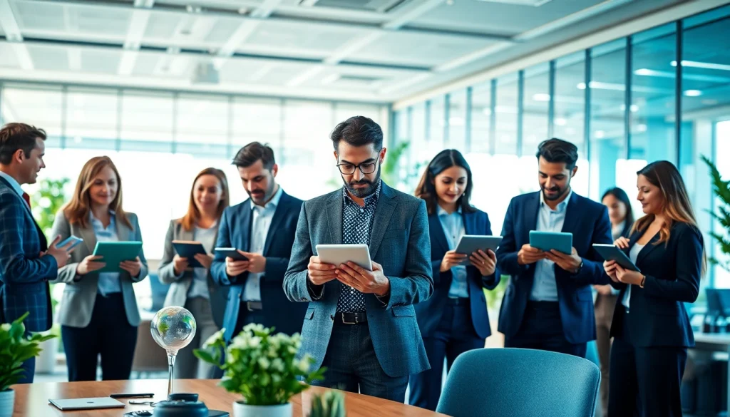 Engaged business professionals in a modern office environment, showcasing collaborative discussions.